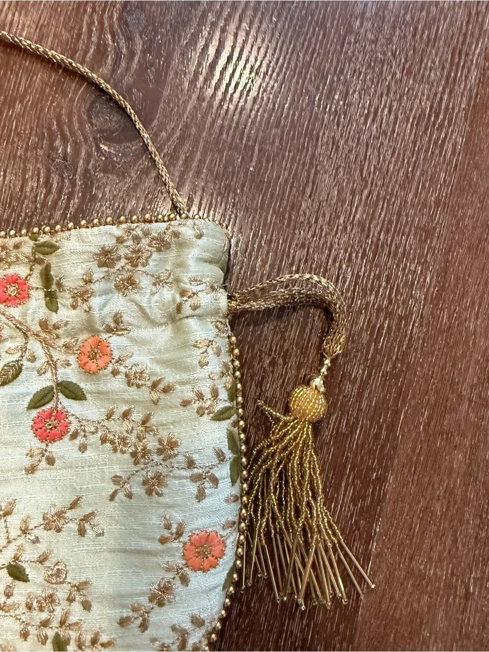Amyra Bag Mint Green Embroidered Floral Drawstring Potli with Gold Tassels